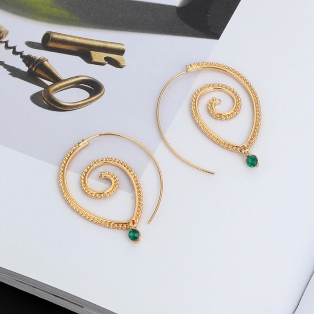 Boho Gold Color Round Spiral Drop Earrings - Picture 4 of 4